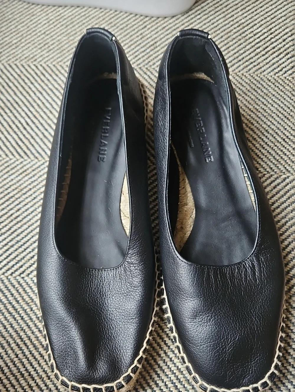 EUC EVERLANE The Espadrille Black Leather/Jute Whipstitch & Wedge Sz 7